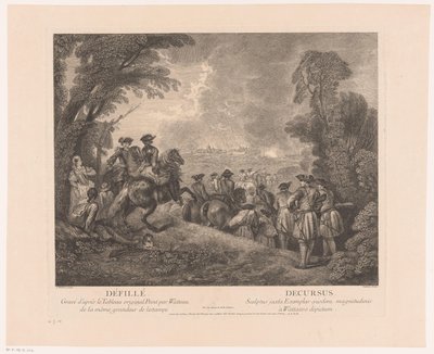 موكب مع الجنود في طريقهم إلى المدينة Défillé - Decursus (العنوان على الكائن) أعمال أنطوان واتو (عنوان المسلسل) أعمال أنطوان واتو ، peintre du roy en son Academie roïale de peinture etulpture (...) (عنوان السلسلة) بواسطة جان أنطوان واتو