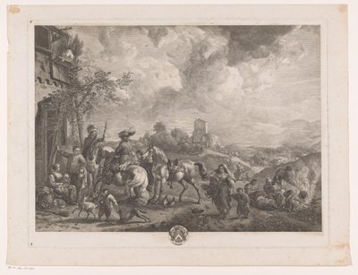 مسافرون أمام نزل البوهيمي يطبع بعد اللوحات بواسطة Philips Wouwerman (عنوان السلسلة) أعمال Ph.pe Wouwermans Hollandois (عنوان السلسلة) بواسطة جان مويرو