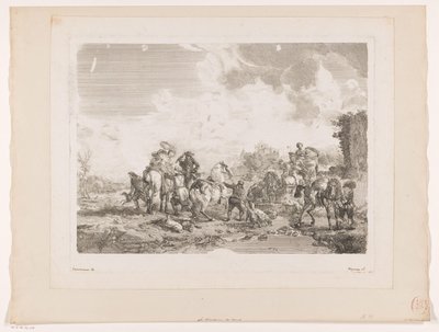 يستريح الصيد في النافورة ينبوع فينوس يطبع بعد اللوحات بواسطة Philips Wouwerman (عنوان السلسلة) أعمال Ph.pe Wouwermans Hollandois (عنوان السلسلة) بواسطة جان مويرو