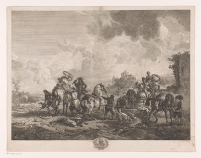 يستريح الصيد في النافورة ينبوع فينوس يطبع بعد اللوحات بواسطة Philips Wouwerman (عنوان السلسلة) أعمال Ph.pe Wouwermans Hollandois (عنوان السلسلة) بواسطة جان مويرو