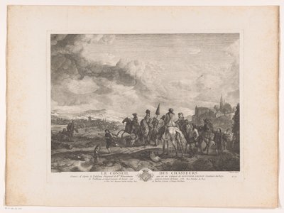 يستريح حفلة الصيد في المناظر الطبيعية Le Conseil des Chasseurs (العنوان على الكائن) يطبع بعد اللوحات بواسطة Philips Wouwerman (عنوان السلسلة) أعمال Ph.pe Wouwermans Hollandois (عنوان السلسلة) بواسطة جان مويرو