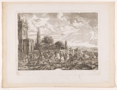 مغادره حفلة صيد امام منزل Partie de Chasse pour le Vol يطبع بعد اللوحات بواسطة Philips Wouwerman (عنوان السلسلة) أعمال Ph.pe Wouwermans Hollandois (عنوان السلسلة) بواسطة جان مويرو
