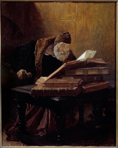 The old scientist. Painting by Jean Paul Laurens (1838-1921) 1889. Oil on canvas. Dim: 0.60 X 0.48m. Toulouse, Musee Des Augustins - The old scientist or the Alchemist. Painting by Jean Paul Laurens (1838-1921) بواسطة جان بول لورنس