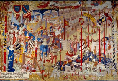 مشهد البطولة في نهاية القرن الرابع عشر. Tapestry des Gobelins لتزيين القاعة العامة لدار المحفوظات الوطنية في باريس بورق مقوى رسمه الفنان جان بول لورينز (1838-1921). بواسطة جان بول لورنس