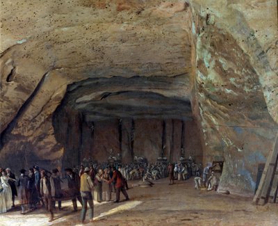 قبو يستخدم كمخزن للملح في ديبيدال حوالي عام 1789 عامل في محجر ملح. رسم جان بيير هويل (1735-1813) 1789 تقريبًا صن. 0،65x0،97 م روان ، متحف الفنون الجميلة - كهف يستخدم كمستودع للملح في دييبيدالي حوالي عام 1789. دبليو بواسطة جان بيير هويل
