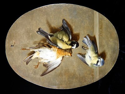 A Trompe l'Oeil of Blue Tits معلق بخيط (زيت على لوح) بواسطة جان بيير كزافييه بيدولد