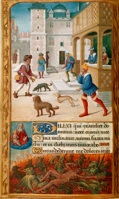 Yates Thompson 5 ، f.70v ، صورة مصغرة مع الغطس ، وليمة مع زوجته واقترب منها لعازر ، في مشهد للمدينة ، يليه في الحد السفلي غطسات تعذبها الشياطين وتراقبها روح لعازر ، التي يحملها الله في السماء ، ومزينة بـ Ini بواسطة جان بويير