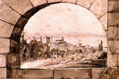 منظر لمدينة وبحيرة براتشيانو ، حوالي عام 1810 (قلم حبر وحبر بني داكن مع طلاء بني داكن على ورق) بواسطة جان توماس تيبولت