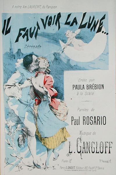 الغلاف الأمامي لإحدى المقطوعات الموسيقية لـ "Il Faut Voir la Lune" ، موسيقى L.Gangloff ، نص من تأليف Paul Rosario ، من تأليف Paula Brebion في La Scala (نقش ملون) بواسطة جان أوليس روي