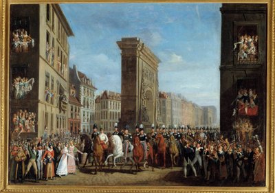 حملة فرنسا (تحالف Sixieme) "" مرور الحلفاء السياديين على شارع Saint Denis في 31/03/1814 "لوحة رسمها Jean Zippel (1789-؟) القرن التاسع عشر. 0،17 × 2،22 م باريس ، متحف كارنافالي - حملة فرنسا (التحالف السادس) "" مرور بواسطة جان زيبل