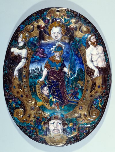 صينية مينا مرسومة تمثل Minerve على خلفية طبيعية تم إنشاؤها بواسطة Jean Court dit Vigier (القرن السادس عشر) (الرسام enamailleur في LIMOGES) باريس ، متحف اللوفر بواسطة جان دي كورت