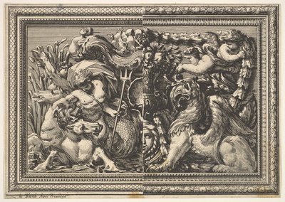 تصميم لوحة ذات متغيرين يحتويان على Hippocamp و Griffin ، من: Ornements ... ، 1651. بواسطة جان لو بوتر