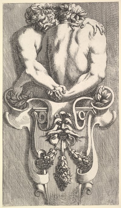 تصميم لفترة مع اثنين من الساتير المحتضنين ، من: Curieuses Recherches de عدة Beaus ... ، 1645. بواسطة جان لو بوتر