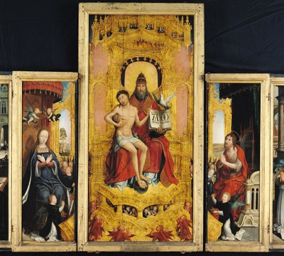 Polyptych من تمجيد الثالوث الأقدس ، لوحة مركزية تصور الثالوث ، العذراء والقديس يوحنا المعمدان ، c.1509-16 بواسطة جان الأكبر Bellegambe