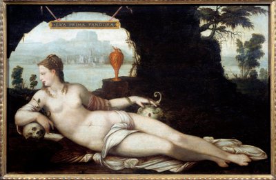 Eva Prima pandora representation of a woman, crossing the characteristics of Eve and Pandora, who all of them bring all evil to earth. Painting (Vanite) by Jean Cousin called the Father (1490-1560) 16th century. Dim. 0,97x1,5 m. بواسطة ابن عم جان الأكبر