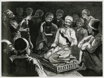 راوي القصص الفارسية يحيط بجمهوره. نقش للمؤلف المسافر لتوضيح قصة "بلاد فارس وتشالدي وسوسيان" " بواسطة جين ديولافوي