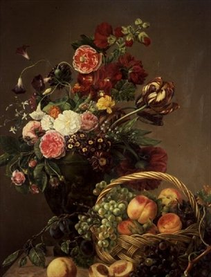 لا تزال الحياة مع الزهور والفواكه في سلة بواسطة Jeanne Marie Josephine Hellemans