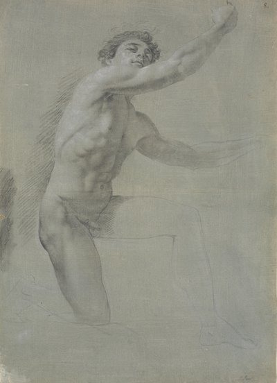 نموذج من الأمام ، راكع على الساق اليمنى ؛ لم ينته الرسم بواسطة ينس جويل