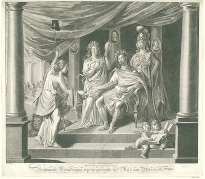 رمزية الجمعية الوطنية ، 1796 طباعة فنية رمزية في الجمعية الوطنية تمثل شعب هولندا (العنوان على القطعة) بواسطة جيجسبيرتوس يوهانوس فان دن بيرج