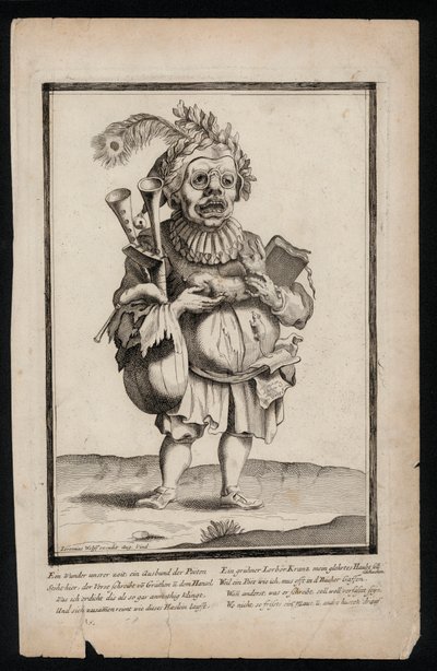 رجل يحمل مجموعة من مزمار القربة ويرتدي غطاء رأس من ريش الطاووس ، طباعة زي سريالي ، c1700 (نقش) بواسطة جيريمياس وولف