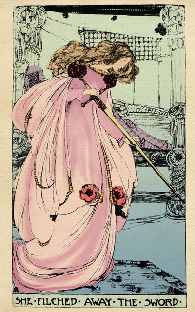 يسرق Fairy Morgane سيارة Excalibur ليستخدمها عشيقته ضد الملك آرثر. رسم إيضاحي لجيسي ماريون كينغ (1875-1949) لكتاب "التاريخ العالي للكأس المقدسة بقلم برسيفال الويلزي ، فارس المائدة المستديرة" بقلم سيباستيان إيفانز (1830) بواسطة جيسي ماريون كينج