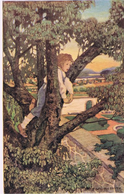 صبي في شجرة ، من "حديقة آيات طفل" بقلم روبرت لويس ستيفنسون ، نُشر عام 1885 (لون ليثو) بواسطة جيسي ويلكوكس سميث