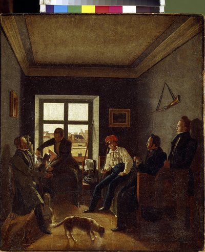 السابعة مساءا (المساء الأدبي). لوحة إيفجراف فيودوروفيتش كريندوفسكي (1810-بعد 1853) ، زيت على قماش ، حوالي 1820. الفن الروسي بواسطة جيفراف فيودوروفيتش كريندوفسكي