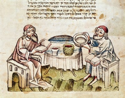 اليهودية: "" حاخمان يحتفلان بعيد الفصح مع احتفال سيدر "" صورة مصغرة من Mahzor (كتاب صلاة بالعبرية) من القرن الخامس عشر بارما ، مكتبة بالاتينا بواسطة المدرسة اليهودية