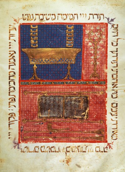 صفحة مخطوطة من الكتاب المقدس العبري. كائنات العبادة. إضاءة القرن الرابع عشر. بواسطة المدرسة اليهودية
