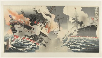 المعركة البحرية الكبرى عند مدخل ميناء بورت آرثر Nichiro Ryojunko daikaisen no zu بواسطة جينساي روسيتسو