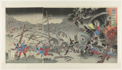 تدمير سكة الحديد في منشوريا خلال الحرب الروسية اليابانية Nichiro Shiberia tetsudô Manshûsen hakai no zu (العنوان على الكائن) بواسطة جينساي روسيتسو