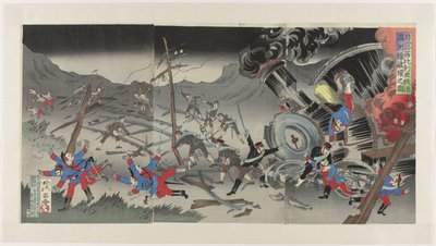 تدمير سكة الحديد في منشوريا خلال الحرب الروسية اليابانية Nichiro Shiberia tetsudô Manshûsen hakai no zu (العنوان على الكائن) بواسطة جينساي روسيتسو