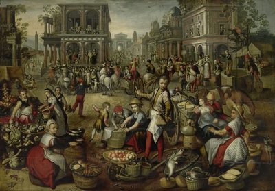 السوق ، مع العبوة ، و Ecce Homo وتحمل الصليب في الخلفية ، 1550-1590 بواسطة يواكيم بوكيلر