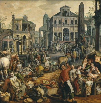 Scene de marche avec Ecce Homo - مشهد السوق مع Ecce Homo ، بقلم Beuckelaer ، Joachim (حوالي 1533-1574). زيت على خشب بواسطة يواكيم بوكيلر