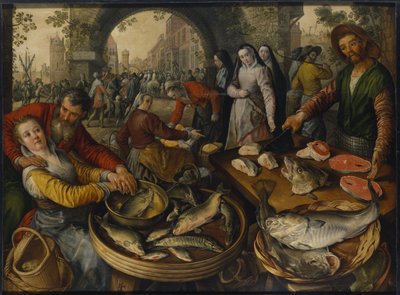سوق السمك مع مشهد من Ecce Homo - سوق السمك مع Ecce Homo ، بقلم Beuckelaer ، Joachim (حوالي 1533-1574). زيت على خشب بواسطة يواكيم بوكيلر
