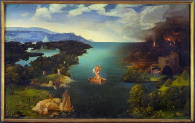 مرور Styx Charon (Caron) على قاربه في العالم السفلي. لوحة رسمها يواكيم باتينير (متزلج) (1485-1524) (إي سي فلام) الشمس 0،64 × 1،03 م مدريد ، متحف دو برادو بواسطة يواكيم باتينير