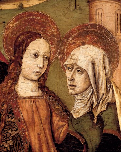 مذبح الزيارة ، السيدة العذراء تلتقي إليزابيث ، التفاصيل ، ج. 1488-1516 (تمبرا على خشب) بواسطة جوان برشلونة