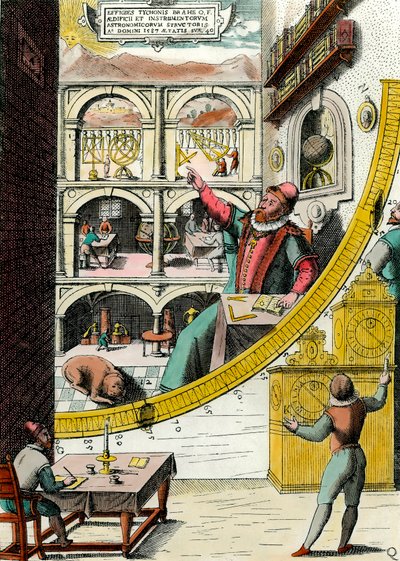 تمثيل Tycho Brahe (1546-1601) ، عالم الفلك الدنماركي في مرصده نقش من "Atlas Major Ssive et cosmographia Blavania labore et sumptibus" بقلم يوهانس بلاو (1598-1673). القرن ال 17. باريس ، الفنون الزخرفية بواسطة جوان بلاو