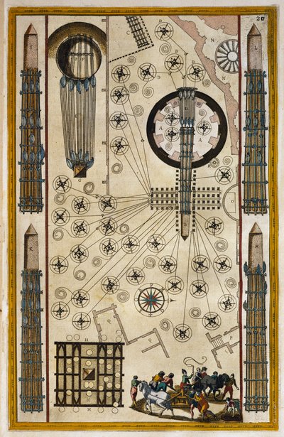روافع لتحريك المسلة ، نقش من مسرح المدينة وعجائب إيطاليا ، لجوان باليو (1596-1673) بواسطة جوان بلاو