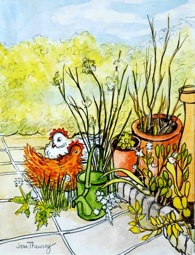 Hens and Pots، Lucy Redman Open Garden، 2000، (قلم رصاص بغسل مائي) بواسطة جوان ثيسي
