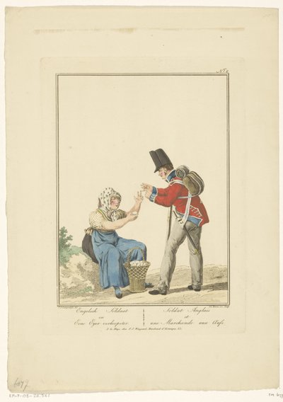 جندي واقف مع بائع بيض جالس جندي إنجليزي وبائعة آير (العنوان على الكائن) الزي الرسمي والأزياء (عنوان السلسلة) بواسطة جوانز بيمي