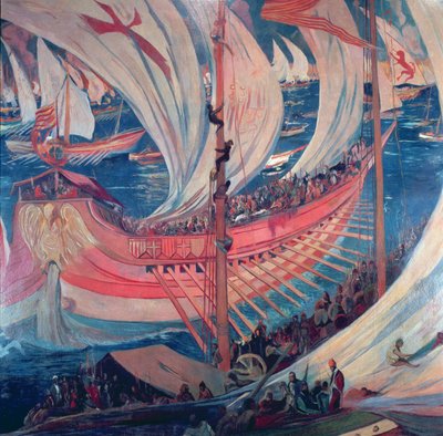 سفينة Nau ، تفاصيل صورة تمثل التوسع الكاتالوني في البحر الأبيض المتوسط خلال القرن الثالث عشر (لوحة جدارية) بواسطة Joaquin Mir Trinxet