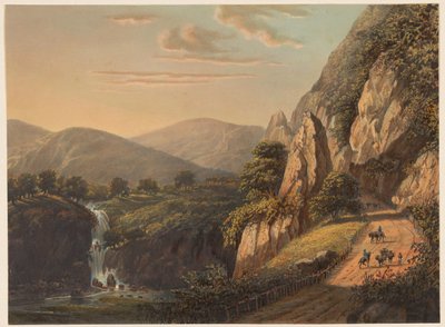 منظر لشلال وطريق ريفي في Preanger في Java في سوماندانشه. (المقاطعات Prianger.) (العنوان على الكائن) بواسطة ابراهام سالم