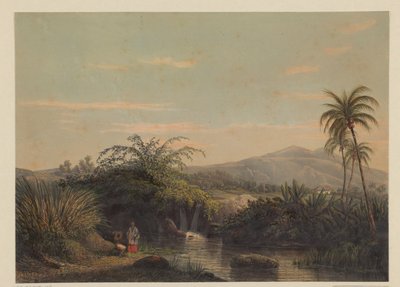 شخصيتان عند حفرة مائية في جاوة منظر للبلاد Tjiliboet (سكن مساعد Buitenzorg) (العنوان على الكائن) بواسطة ابراهام سالم