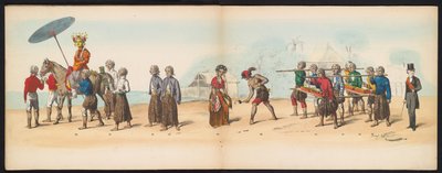 حفلة تنكرية لطلاب دلفت ، 1857 (اللوحة 6) موكب بالملابس أقامه أعضاء فيلق طلاب دلفت في الخامس من مايو 1857 ، يصور موكب غاريبيغ لسلطان دجوكارتا وأكثر الأنواع المميزة من شمال بواسطة يوهان هندريك هوفميستر