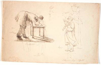 Studieblad ، يعرض التلفاز الفنان نفسه ، ينحني للأمام ، يرسم على كرسي أو طاولة صغيرة. رسم فوق دراستين لضابط ورجل نبيل في اللباس. في الوسط رئيس الدراسة ، صورة ذاتية. يقف الفنان بمظلة في الشارع بجانب المصباح و بواسطة يوهان توماس لوندبي