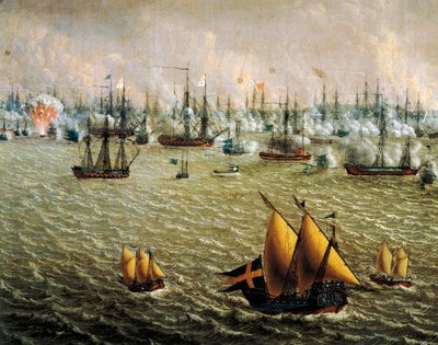 معركة سكارجارد بين الأسطول السويدي والروسي بسبب سيطرة السويد على فنلندا ، 10 يوليو 1790 ، بواسطة يوهان تيتريش شولتز (1754-1807) ، الحروب الروسية السويدية بواسطة يوهان تيريتش شولتز