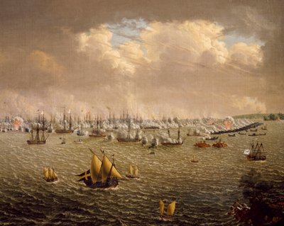 معركة سكارجارد بين الأسطول السويدي والروسي بسبب سيطرة السويد على فنلندا ، 10 يوليو 1790 ، بواسطة يوهان تيتريش شولتز (1754-1807) ، الحروب الروسية السويدية بواسطة يوهان تيريتش شولتز