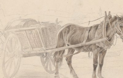 عربة رسمها حصان بني بالقرب من عمود المصباح ، ظهر: مجموعة من الضباط المركبين ، كاليفورنيا. 1815. بواسطة يوهان آدم كلاين