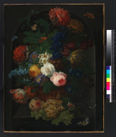 A basket of flowers with fruit بواسطة يوهان بابتيست دريشسلر